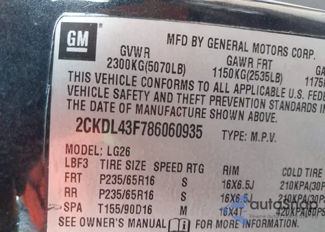 2008 Pontiac Torrent из США, поврежденный, VIN 2CKDL43F786060935